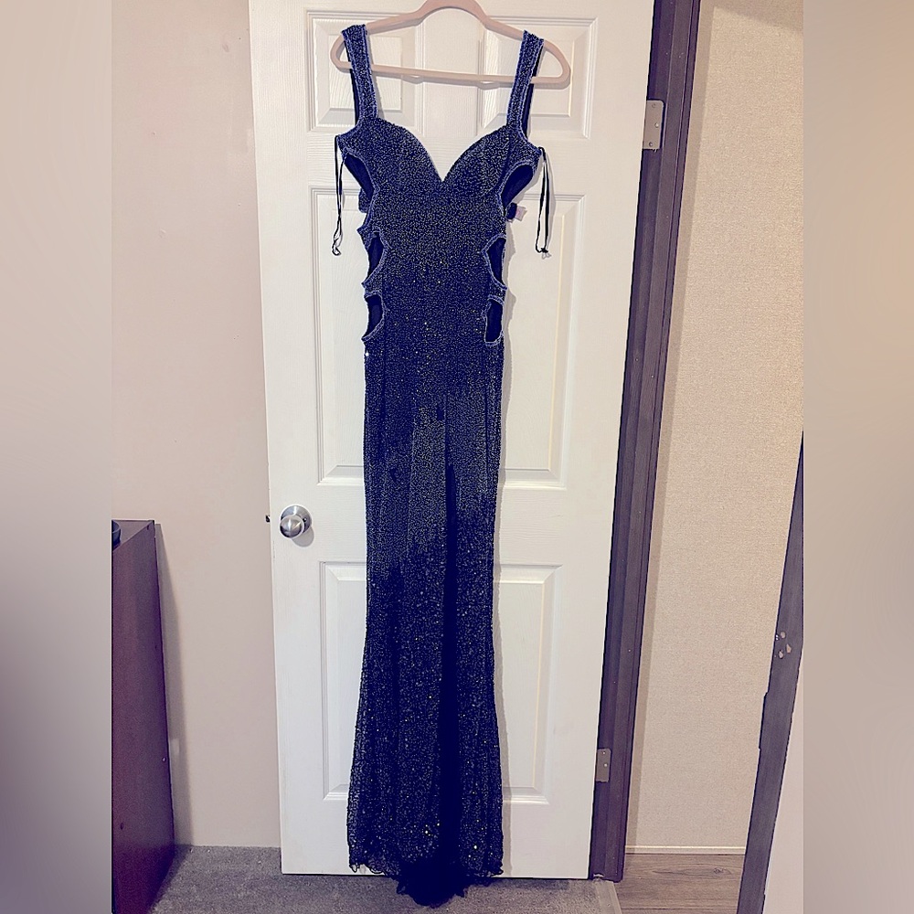 Two tone beaded navy prom dress lush by jazz couture from peaches boutique